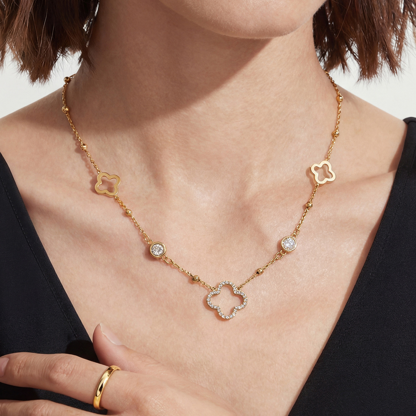 Stainless Steel Full Zircon Clover Chain Necklace with Three Design Options