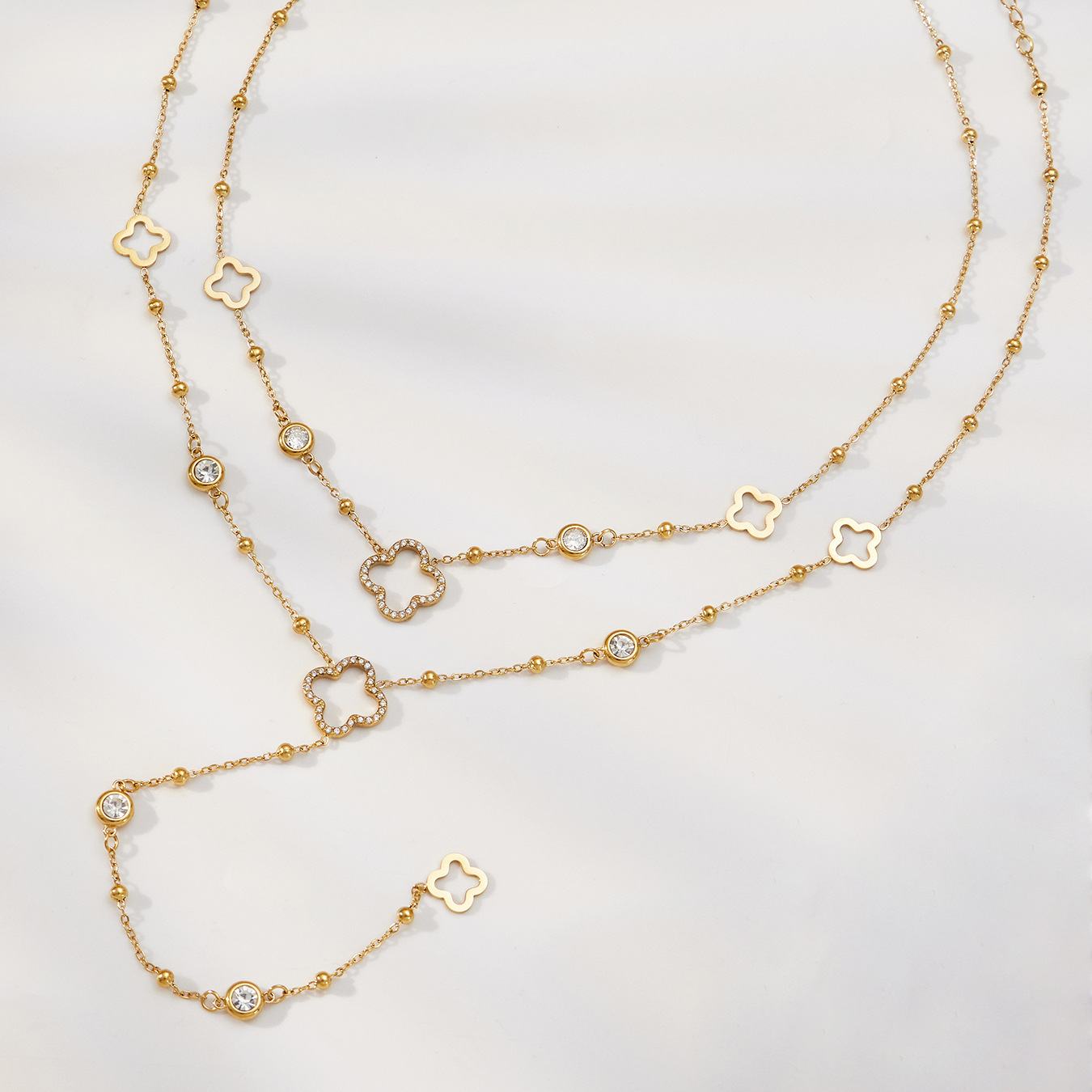 Stainless Steel Full Zircon Clover Chain Necklace with Three Design Options
