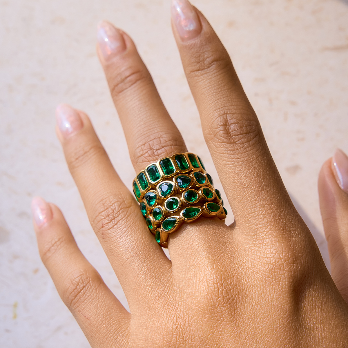 Stainless Steel Zircon Ring 18K Gold Plated Titanium Steel Ring with Heart Round Rectangle and Teard