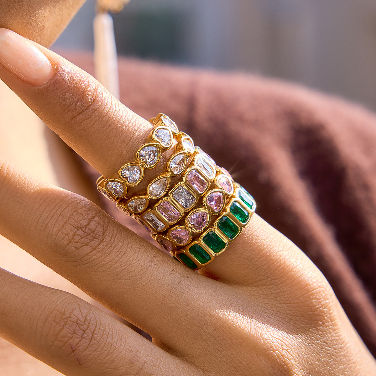 Stainless Steel Zircon Ring 18K Gold Plated Titanium Steel Ring with Heart Round Rectangle and Teard