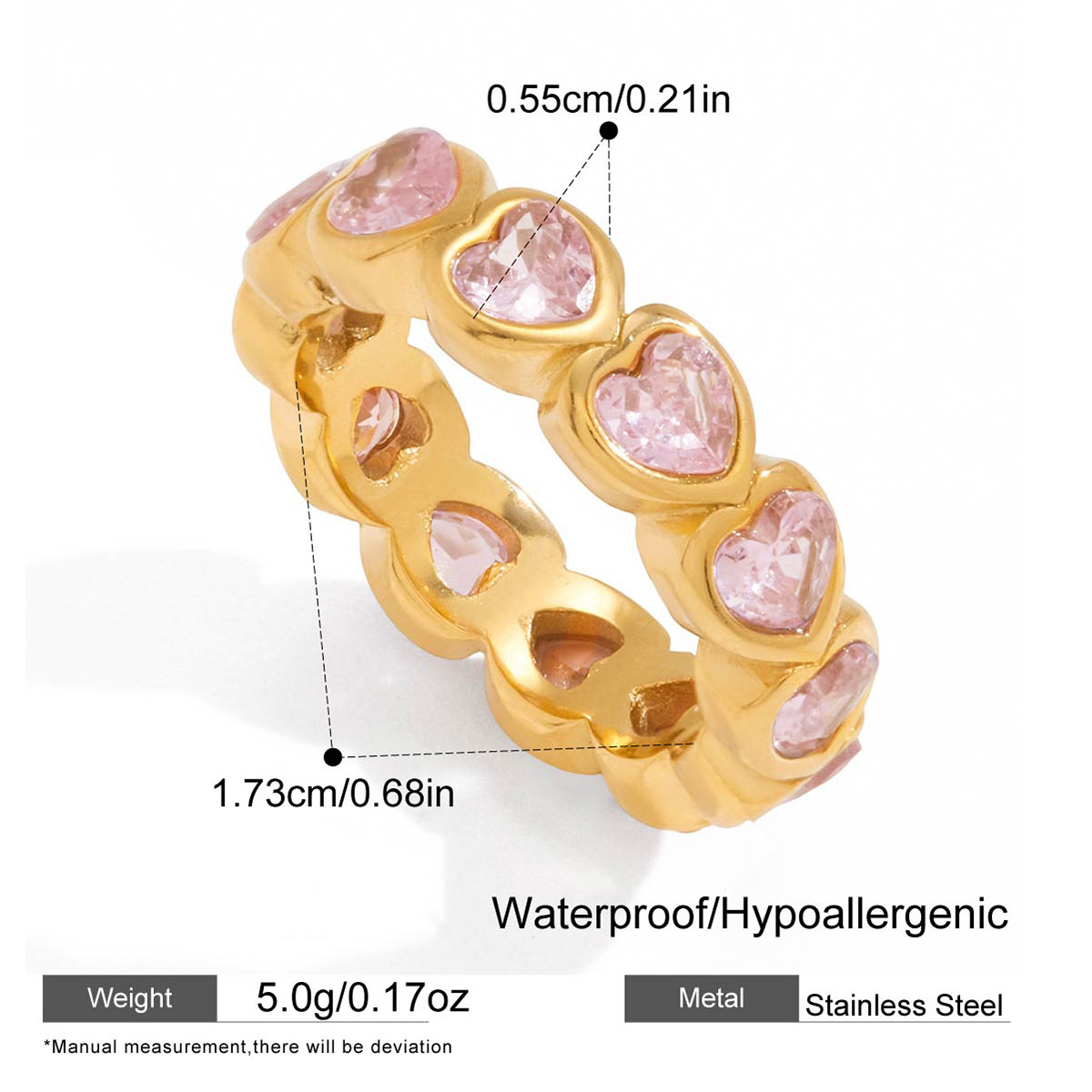 Stainless Steel Zircon Ring 18K Gold Plated Titanium Steel Ring with Heart Round Rectangle and Teard