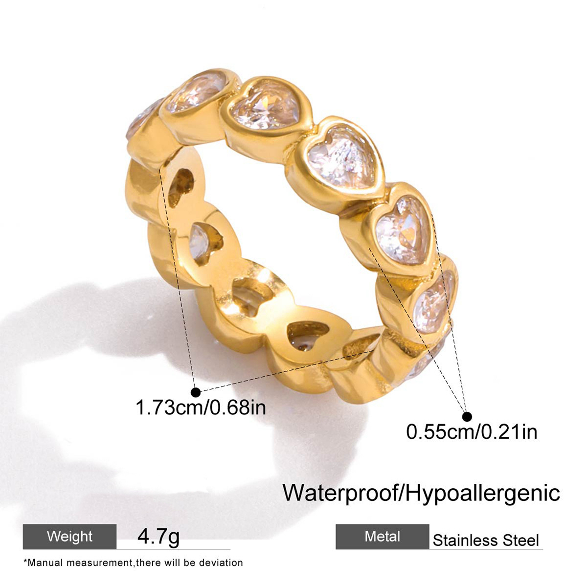 Stainless Steel Zircon Ring 18K Gold Plated Titanium Steel Ring with Heart Round Rectangle and Teard