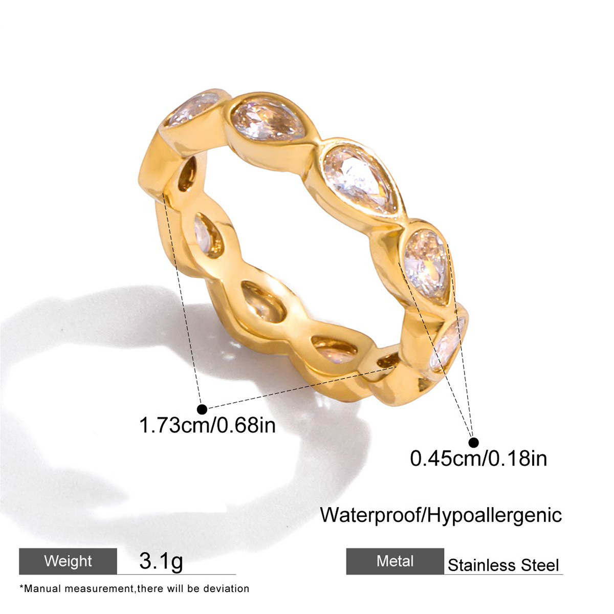 Stainless Steel Zircon Ring 18K Gold Plated Titanium Steel Ring with Heart Round Rectangle and Teard