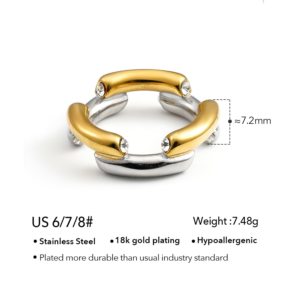 18K Gold Plated Titanium Steel Bi Color Ring with Embedded Zircon