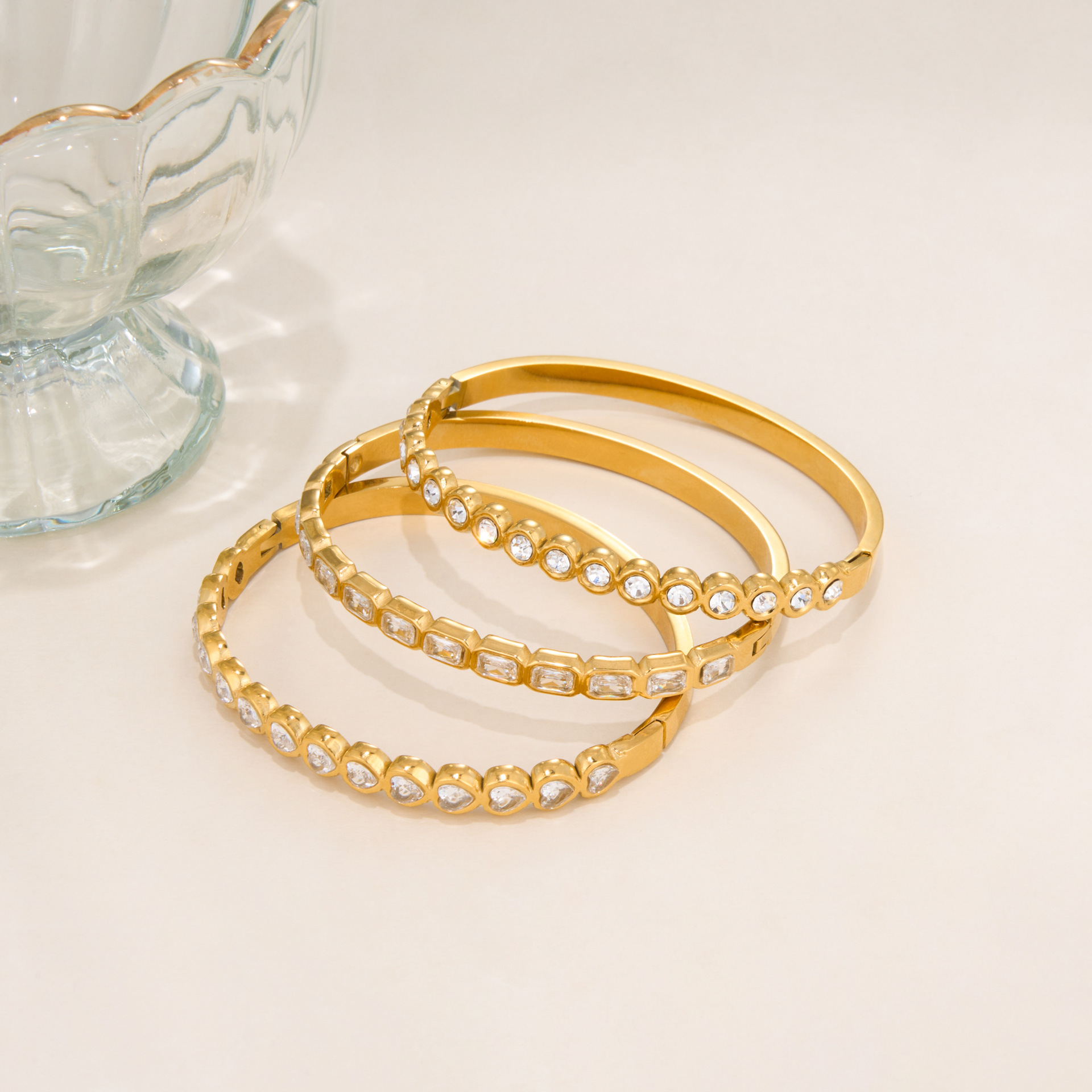 18K Gold Stainless Steel Three Piece Stackable Bracelet Popular Design