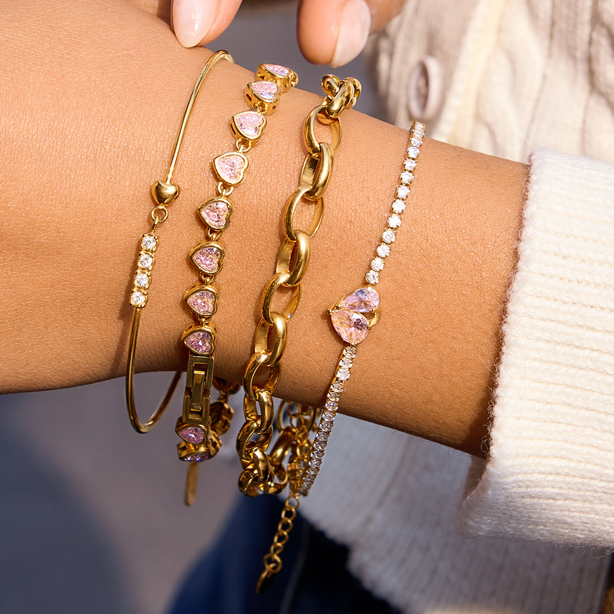 Stainless Steel Three Styles Pink Zircon Bracelets with Custom Matching Necklace