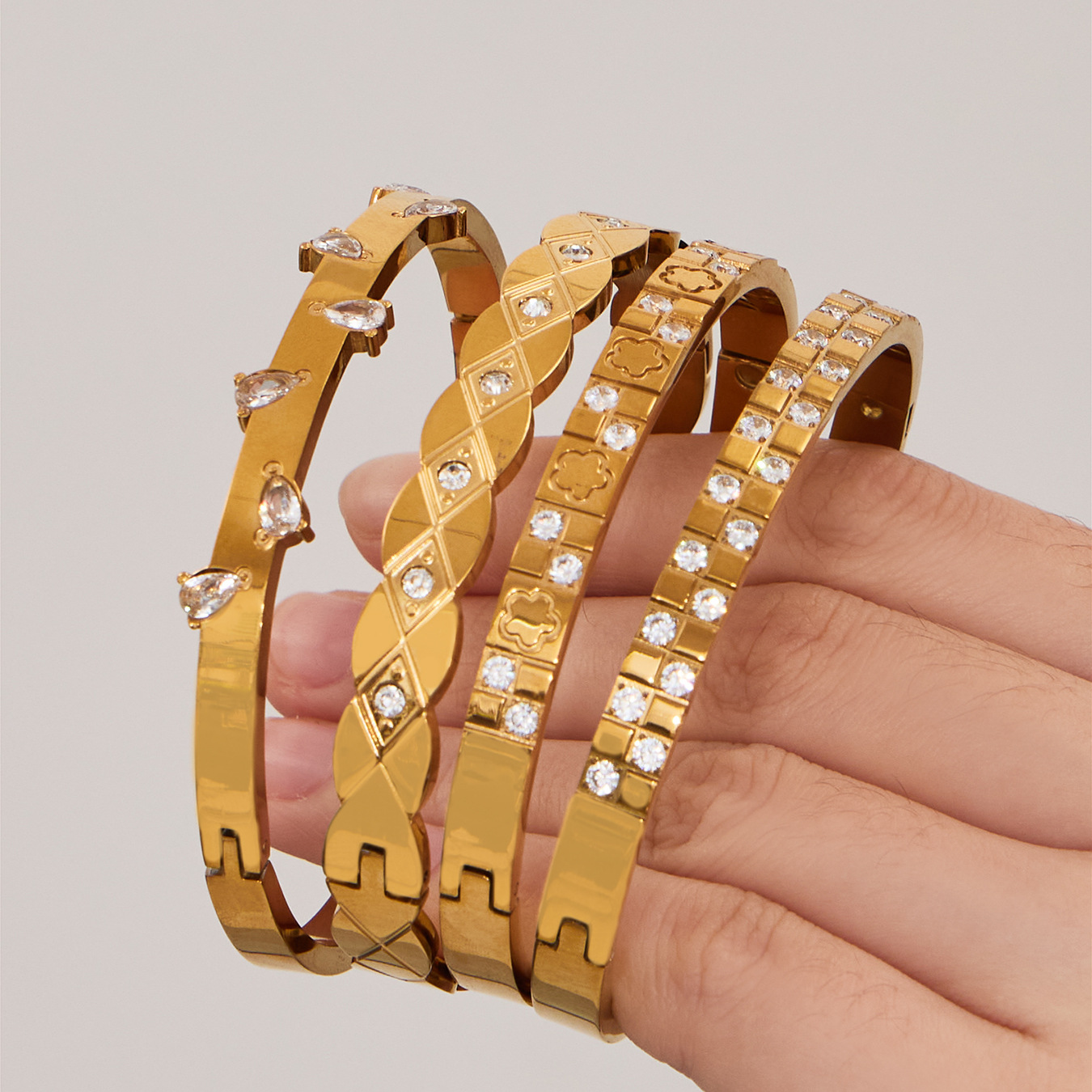 Four Designs Stainless Steel Zircon Bracelet with Secure Clasp and Sparkling Stones