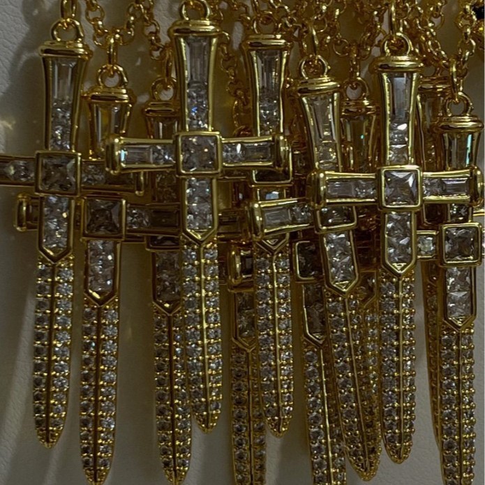 18K Gold Plated Titanium Steel Cross Sword Pendant Necklace with Zircon
