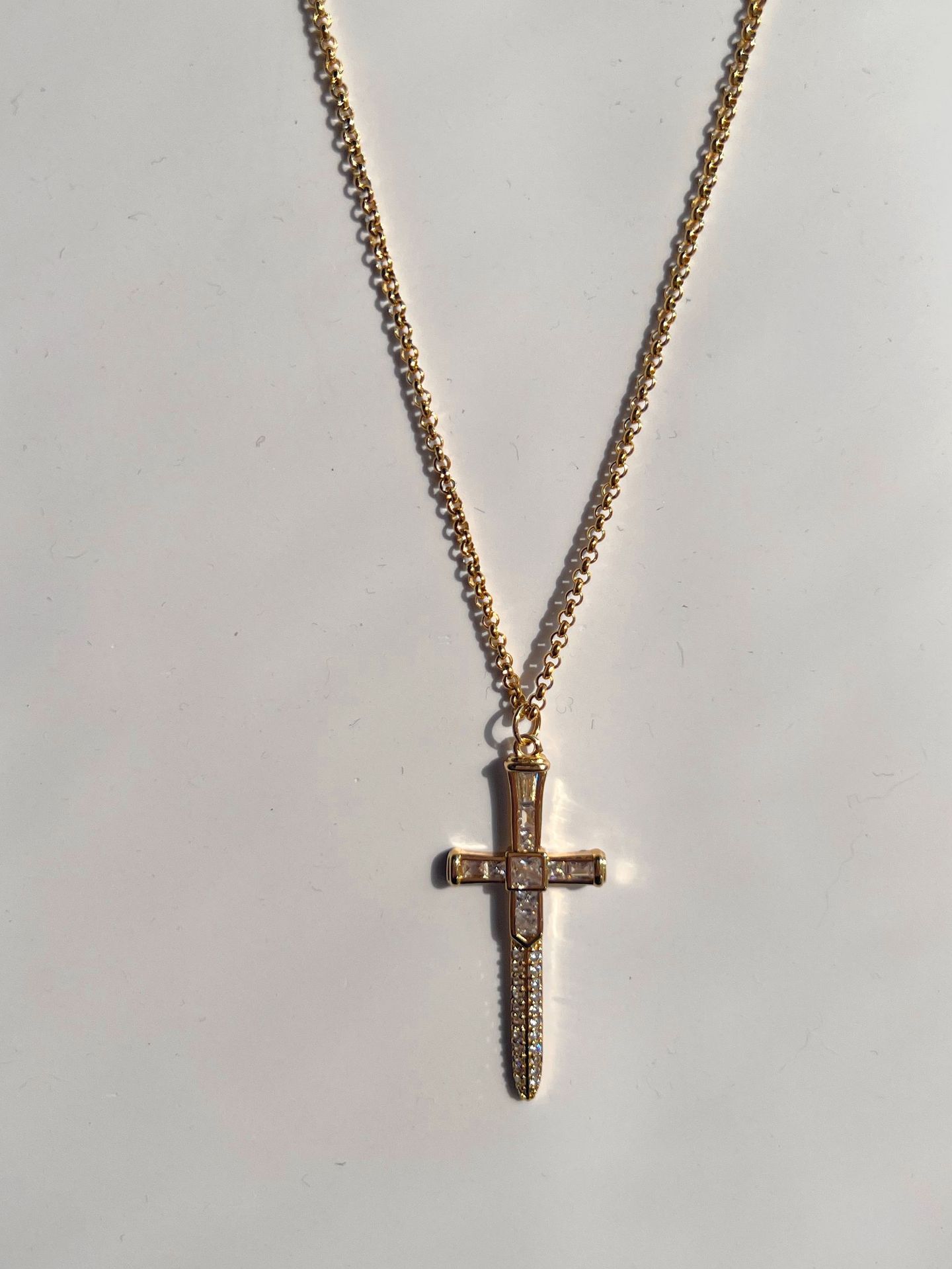 18K Gold Plated Titanium Steel Cross Sword Pendant Necklace with Zircon