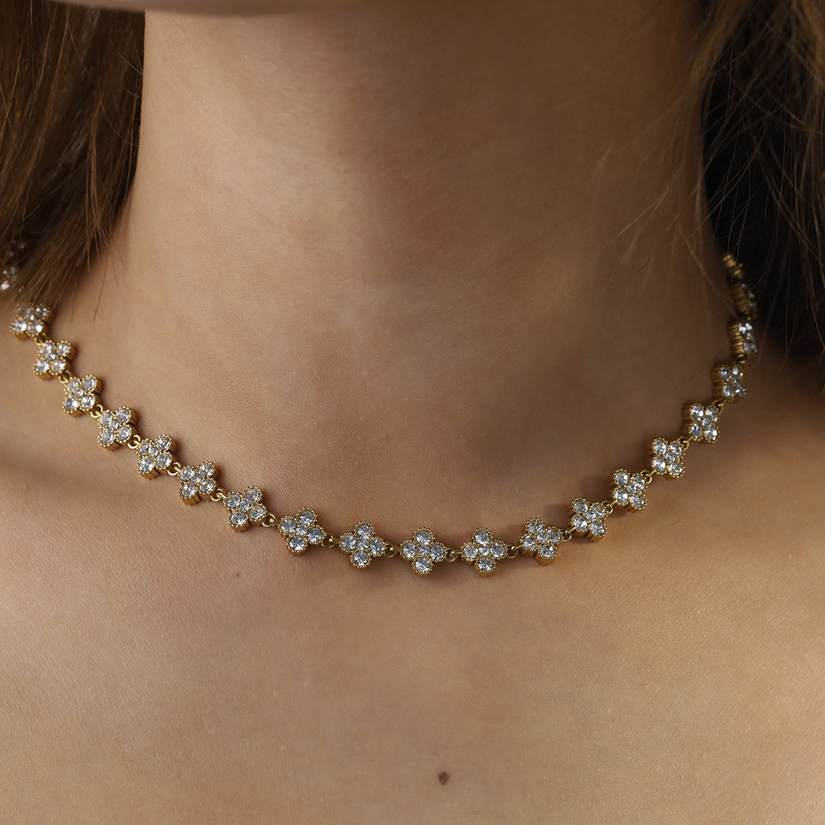 Stainless Steel Full Zircon Clover Bracelet and Necklace Set High Quality