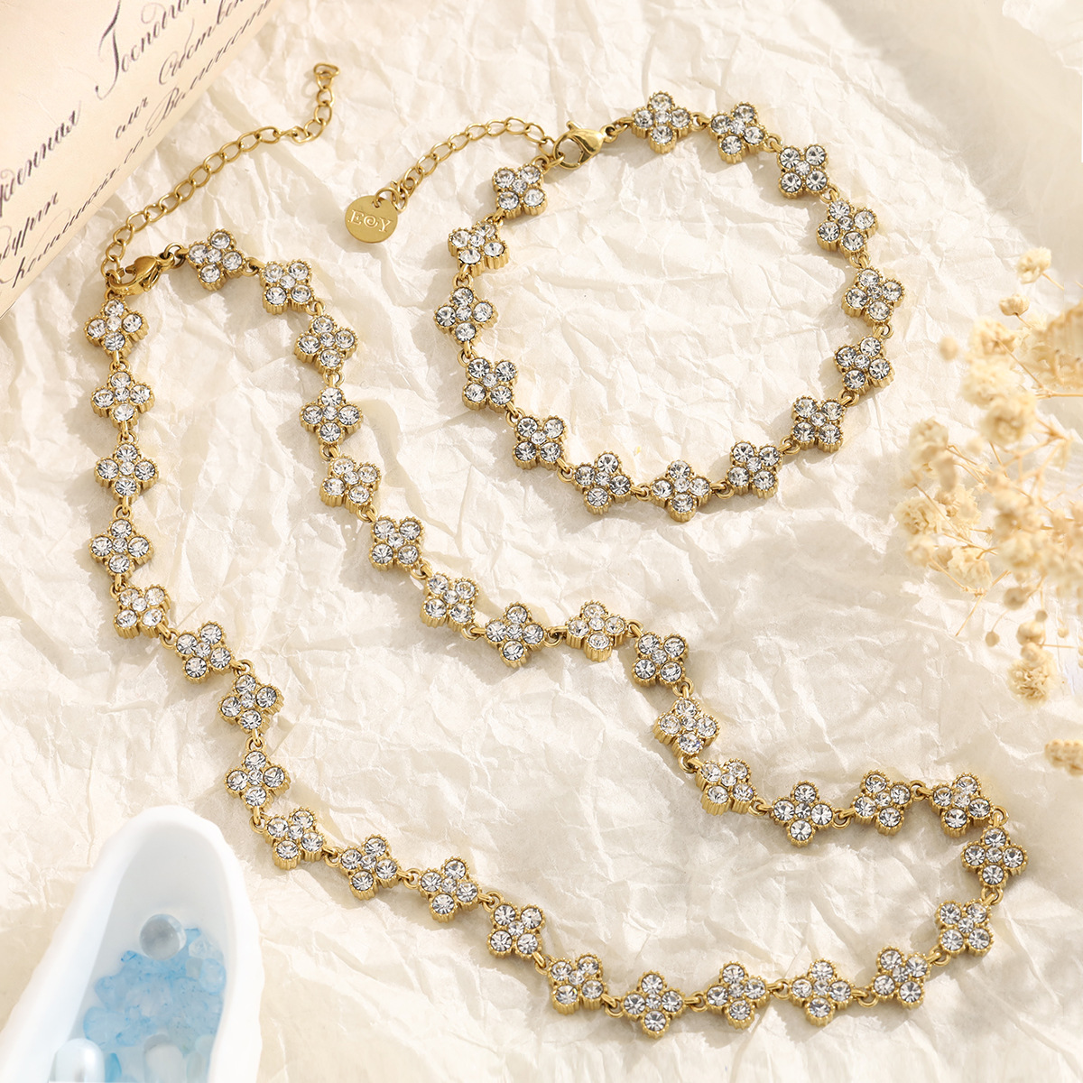 Stainless Steel Full Zircon Clover Bracelet and Necklace Set High Quality