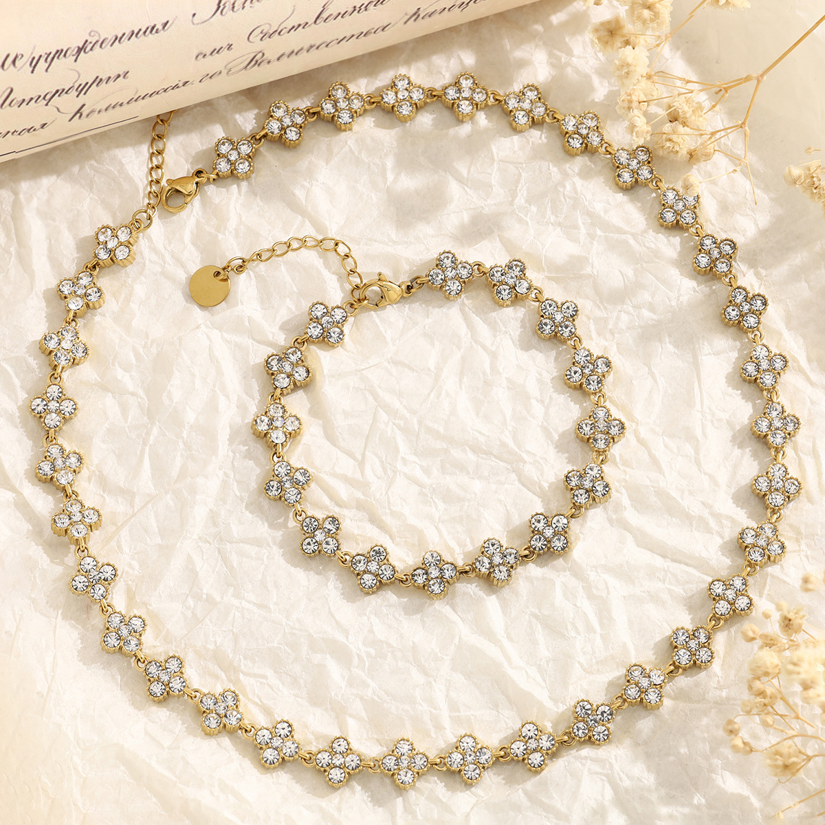 Stainless Steel Full Zircon Clover Bracelet and Necklace Set High Quality