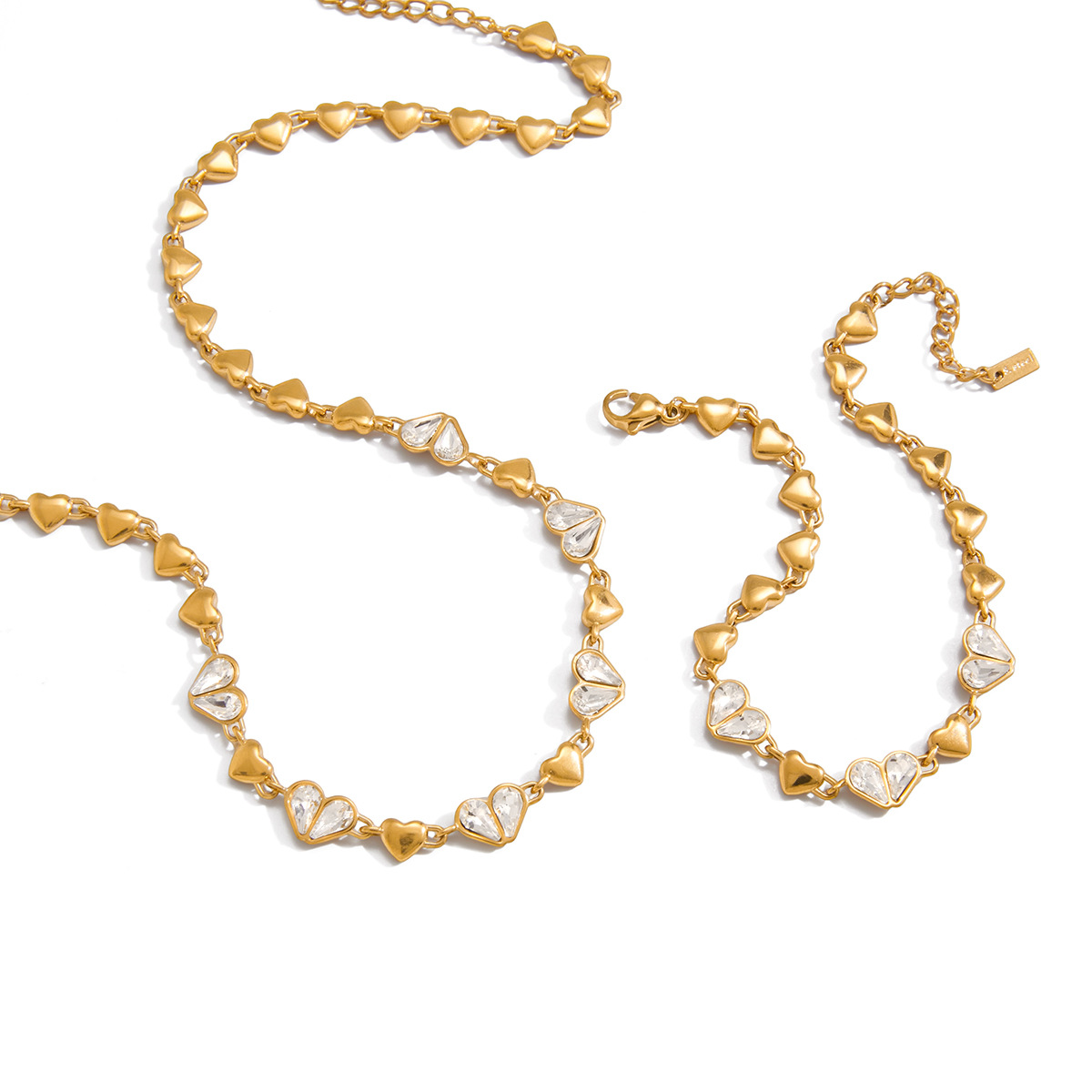 Stainless Steel Heart Zircon Necklace and Bracelet Set Luxury Clavicle Chain