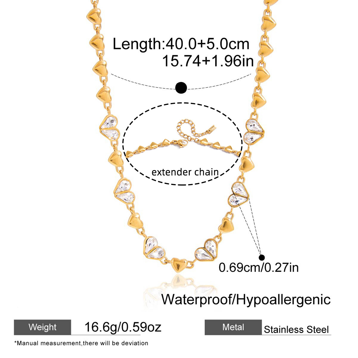 Stainless Steel Heart Zircon Necklace and Bracelet Set Luxury Clavicle Chain