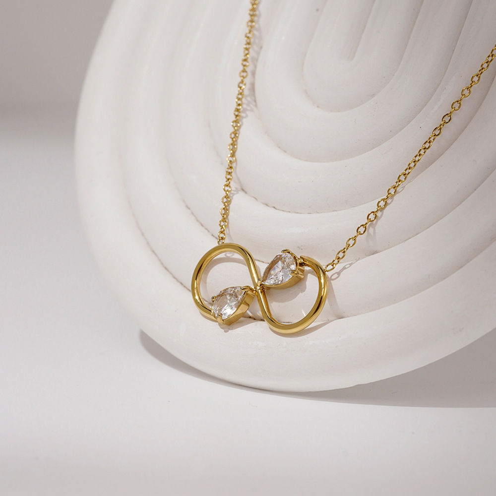 18K Gold Plated Titanium Steel Geometric Figure Eight Necklace with Teardrop Zircon