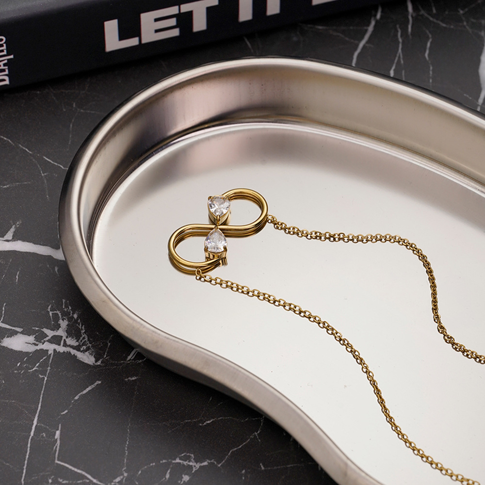 18K Gold Plated Titanium Steel Geometric Figure Eight Necklace with Teardrop Zircon