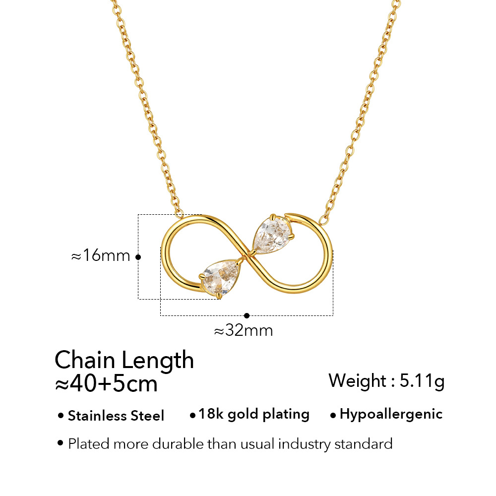 18K Gold Plated Titanium Steel Geometric Figure Eight Necklace with Teardrop Zircon