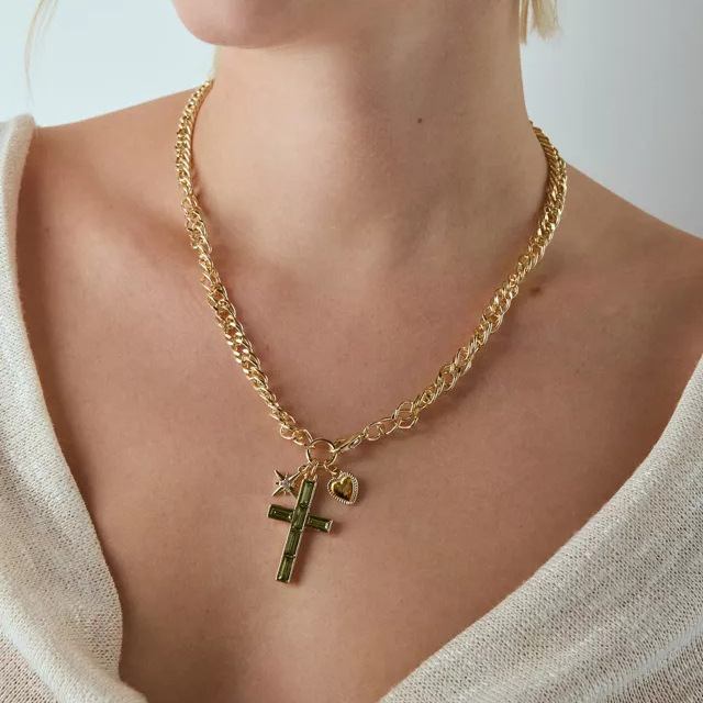 18K Stainless Steel Heavy Duty Green Cross Necklace with Heart and Star Charms