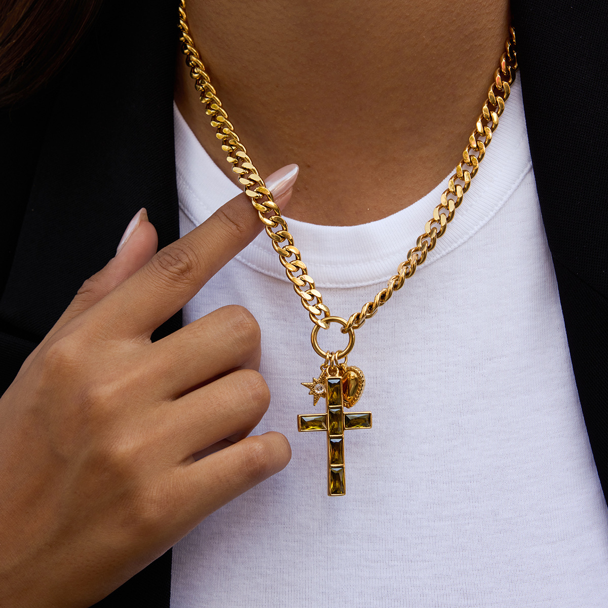 18K Stainless Steel Heavy Duty Green Cross Necklace with Heart and Star Charms