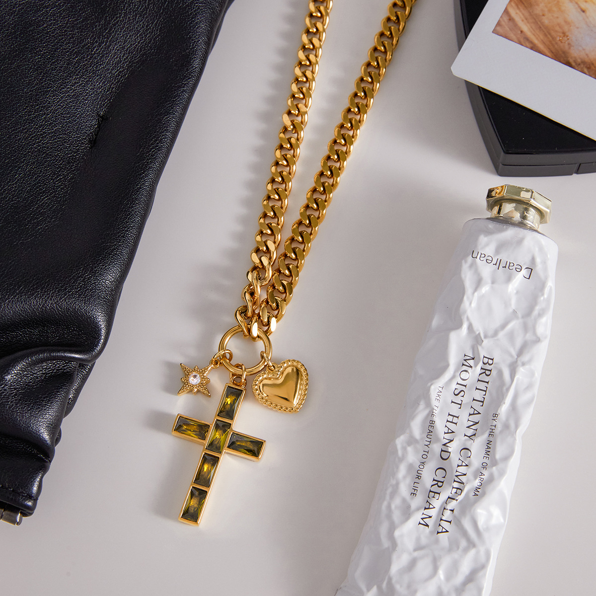 18K Stainless Steel Heavy Duty Green Cross Necklace with Heart and Star Charms
