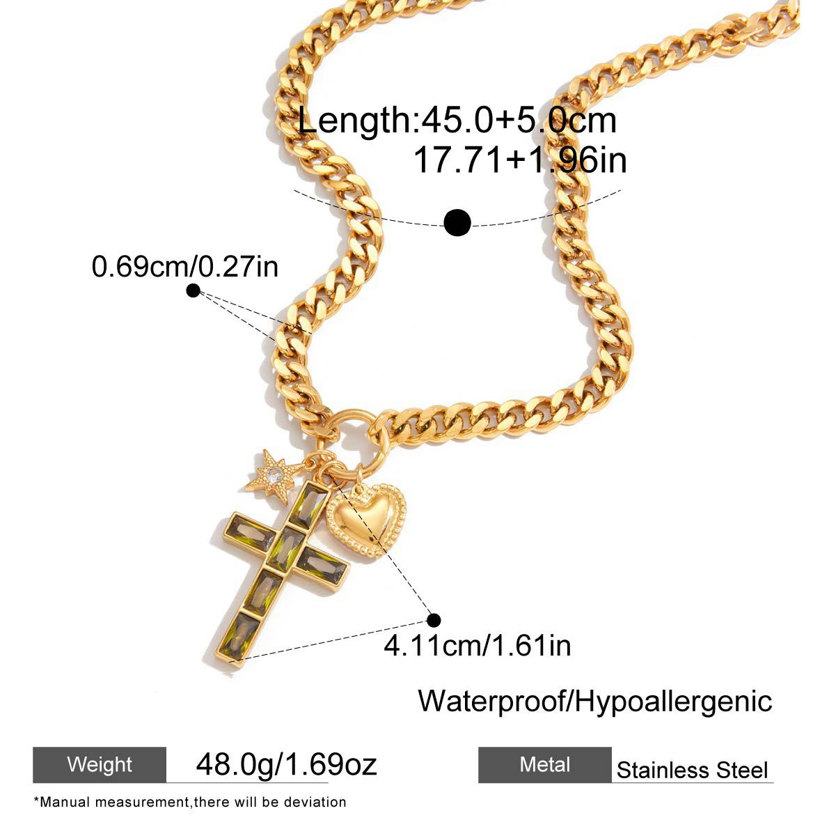 18K Stainless Steel Heavy Duty Green Cross Necklace with Heart and Star Charms