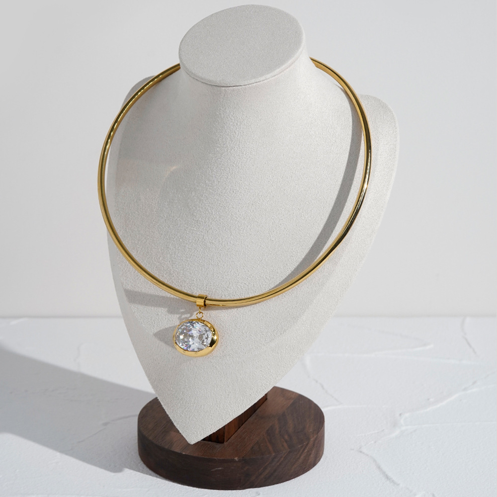 18K Gold Plated Titanium Steel Choker with Big Oval White Diamond Pendant