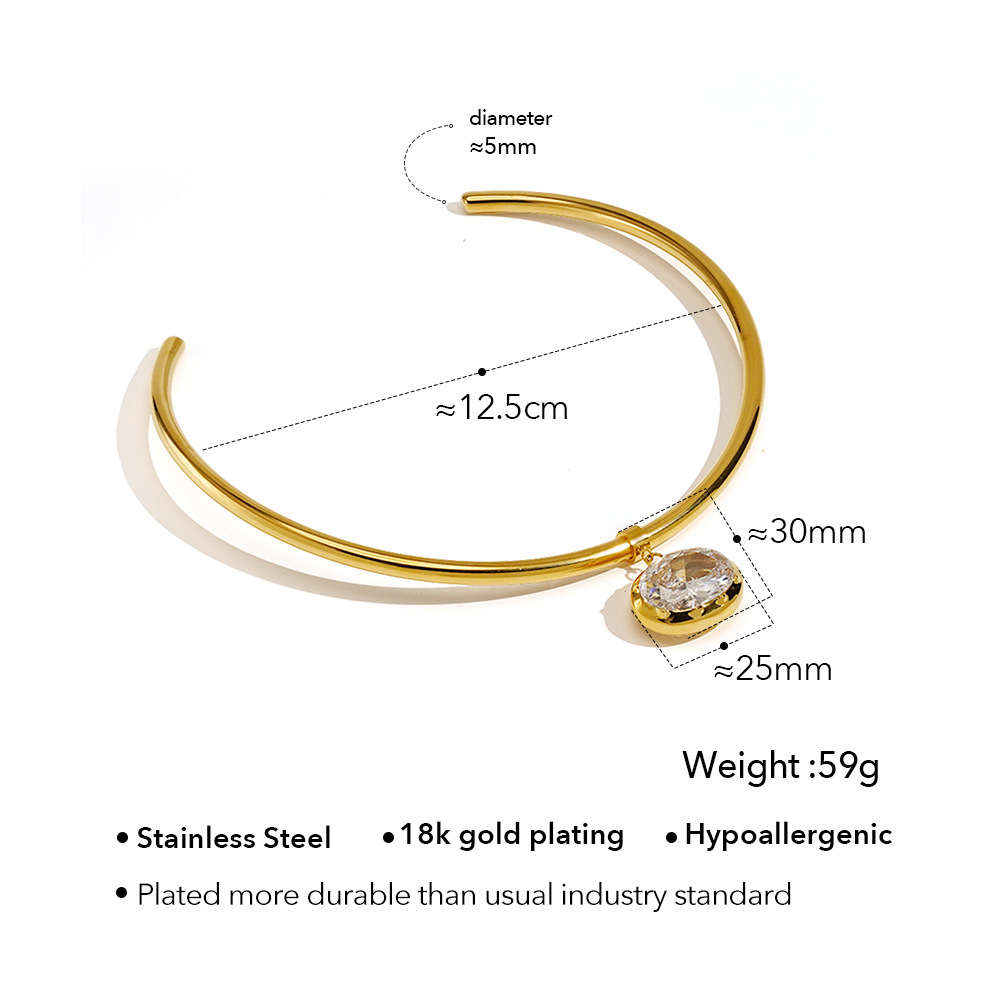 18K Gold Plated Titanium Steel Choker with Big Oval White Diamond Pendant