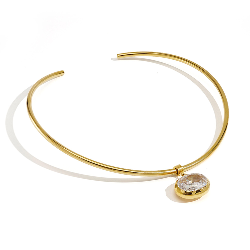18K Gold Plated Titanium Steel Choker with Big Oval White Diamond Pendant