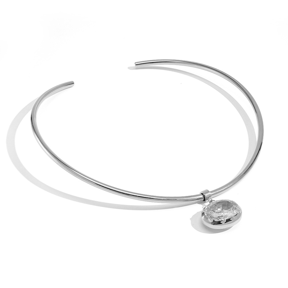 18K Gold Plated Titanium Steel Choker with Big Oval White Diamond Pendant