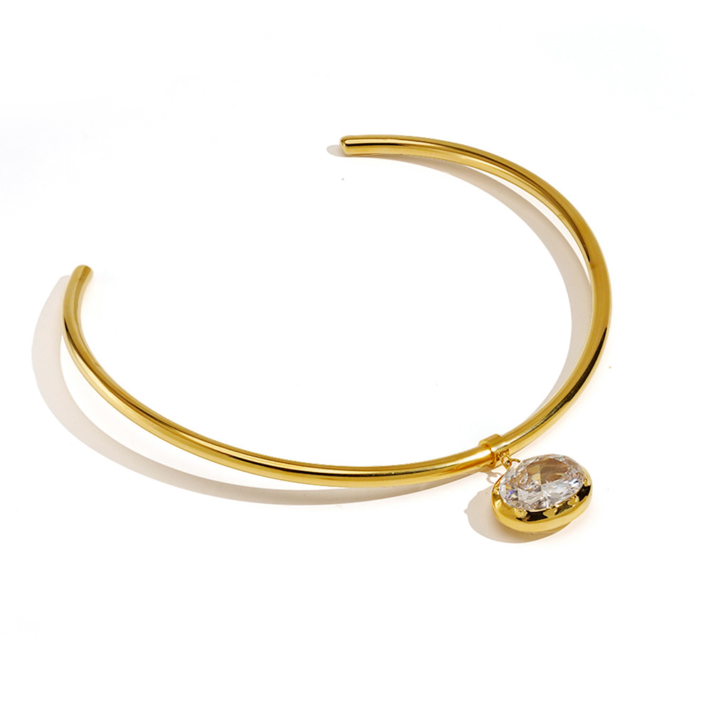 18K Gold Plated Titanium Steel Choker with Big Oval White Diamond Pendant