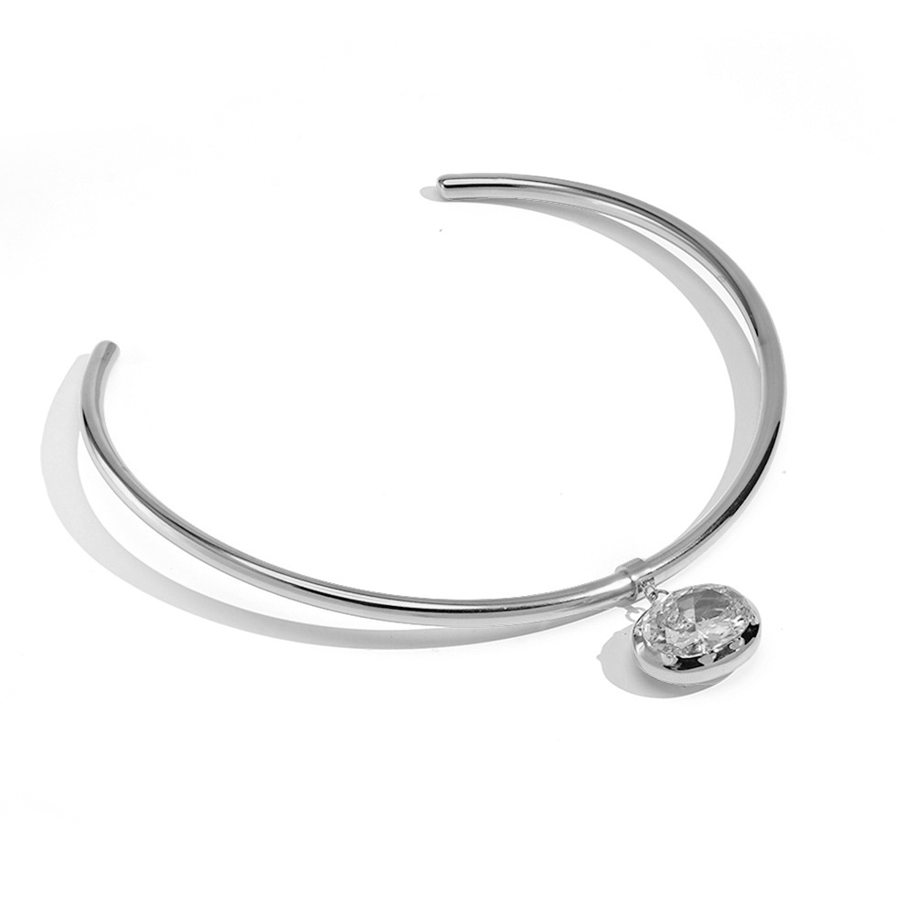 18K Gold Plated Titanium Steel Choker with Big Oval White Diamond Pendant