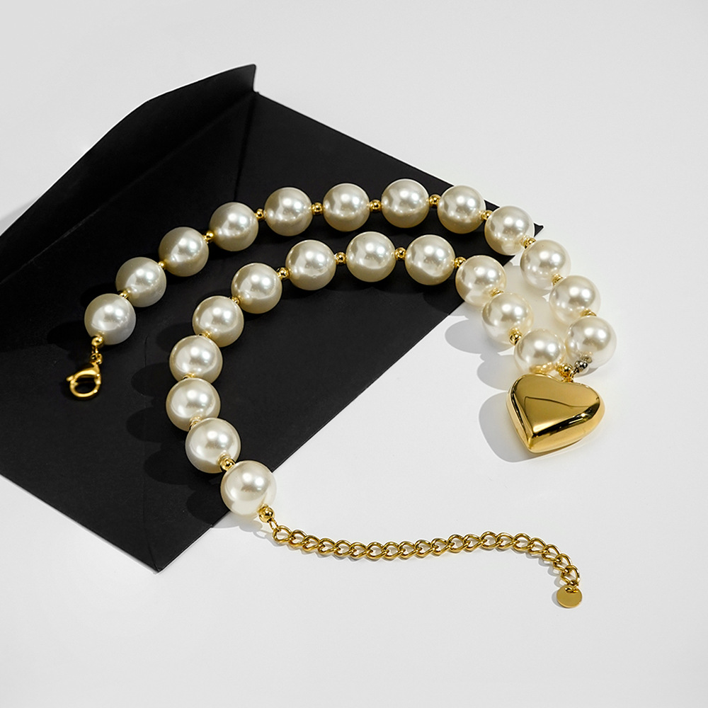 18K Gold Plated Titanium Steel Necklace with 14mm Pearl Chain and Hollow Heart Pendant