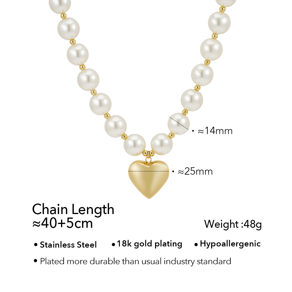 18K Gold Plated Titanium Steel Necklace with 14mm Pearl Chain and Hollow Heart Pendant