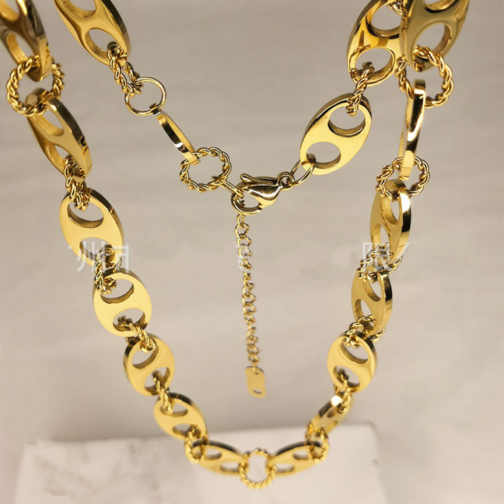 18K Gold Titanium Steel Punk Oval Double Nose Ring Chain Necklace