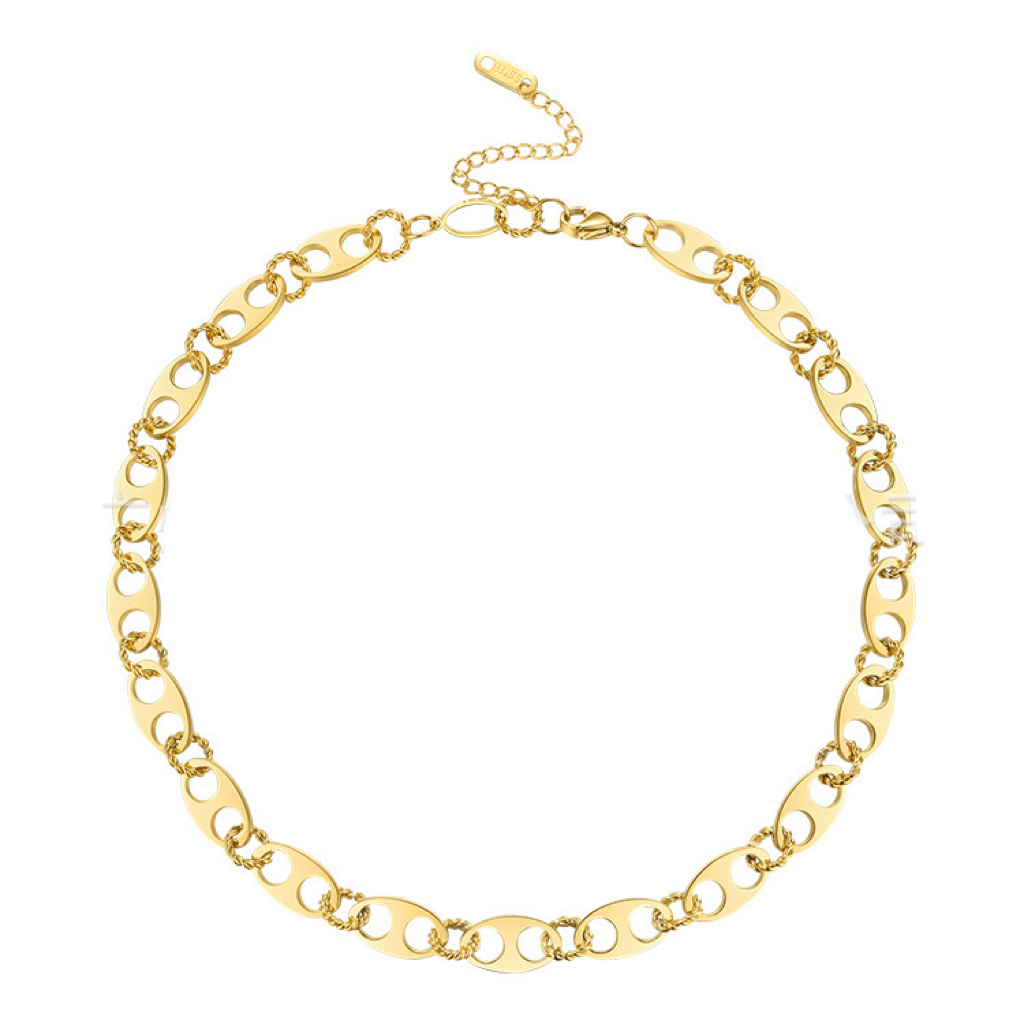 18K Gold Titanium Steel Punk Oval Double Nose Ring Chain Necklace