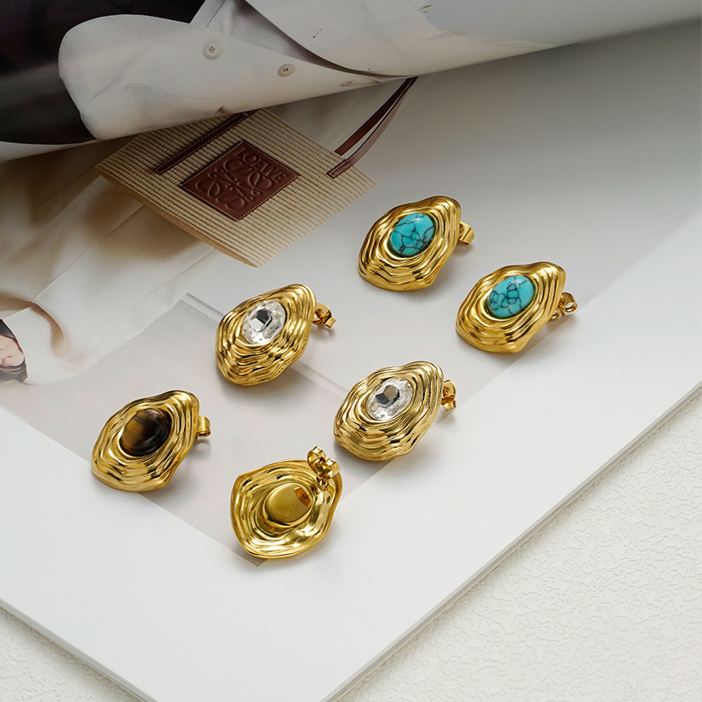 18K Gold Titanium Steel Vintage Irregular Striped Teardrop Zircon Stud Earrings