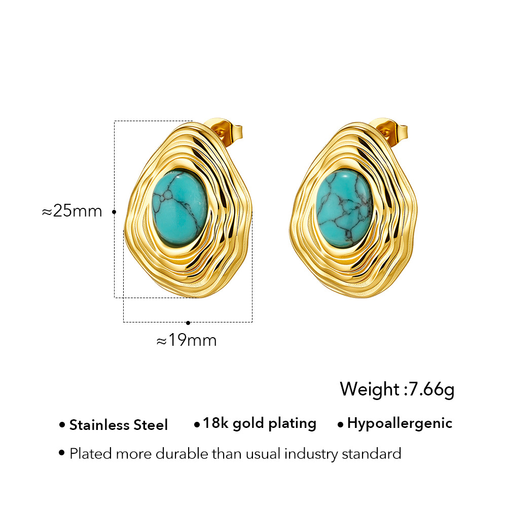 18K Gold Titanium Steel Vintage Irregular Striped Teardrop Zircon Stud Earrings