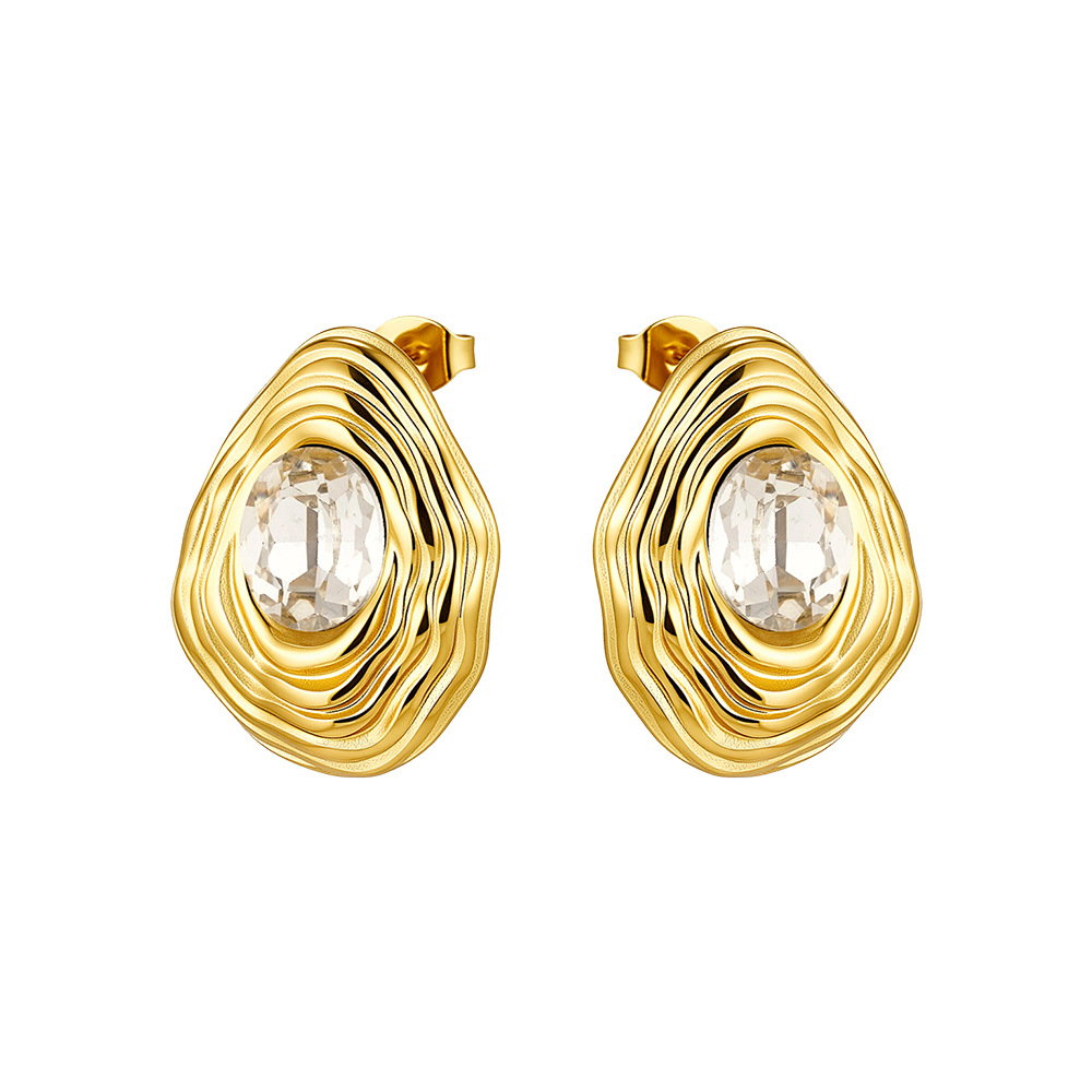 18K Gold Titanium Steel Vintage Irregular Striped Teardrop Zircon Stud Earrings
