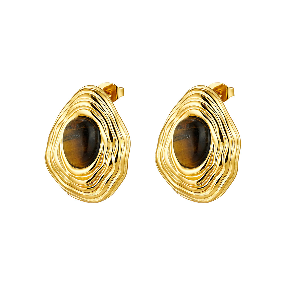 18K Gold Titanium Steel Vintage Irregular Striped Teardrop Zircon Stud Earrings