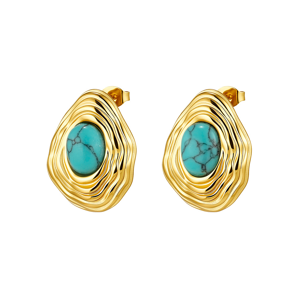 18K Gold Titanium Steel Vintage Irregular Striped Teardrop Zircon Stud Earrings