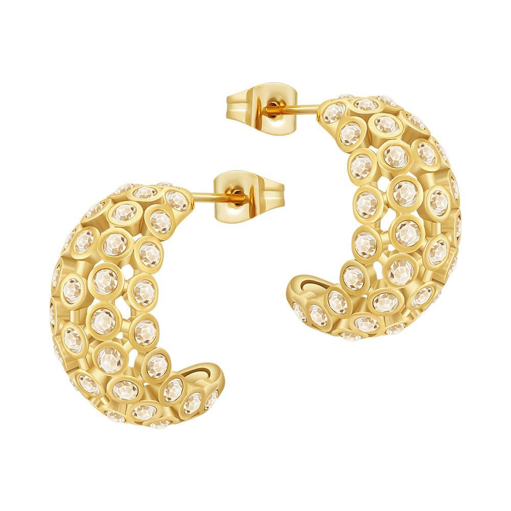 18K Gold Titanium Steel Unique Pavé Curved C-Shaped Earrings