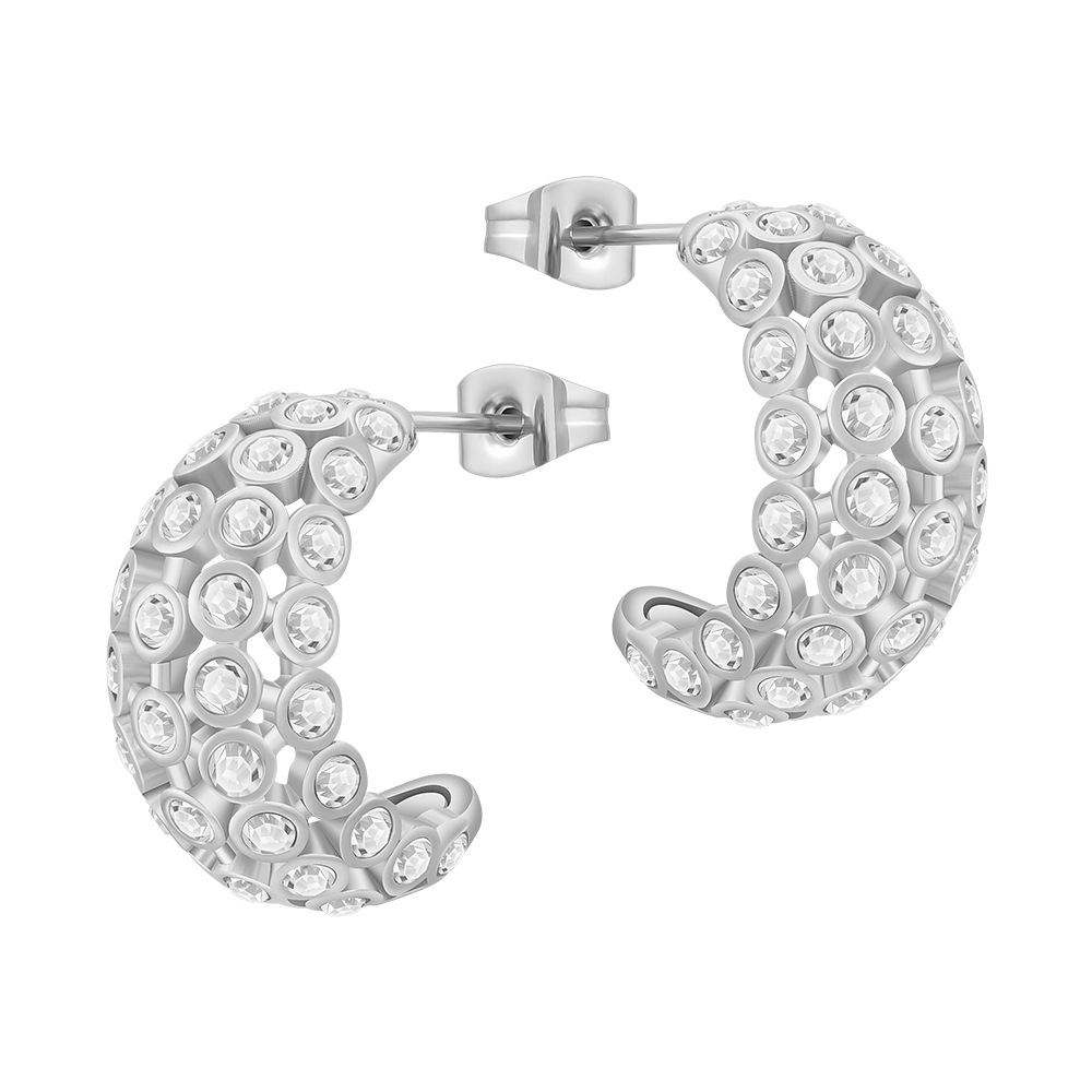 18K Gold Titanium Steel Unique Pavé Curved C-Shaped Earrings