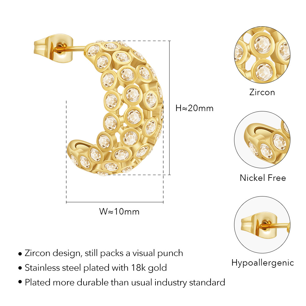 18K Gold Titanium Steel Unique Pavé Curved C-Shaped Earrings