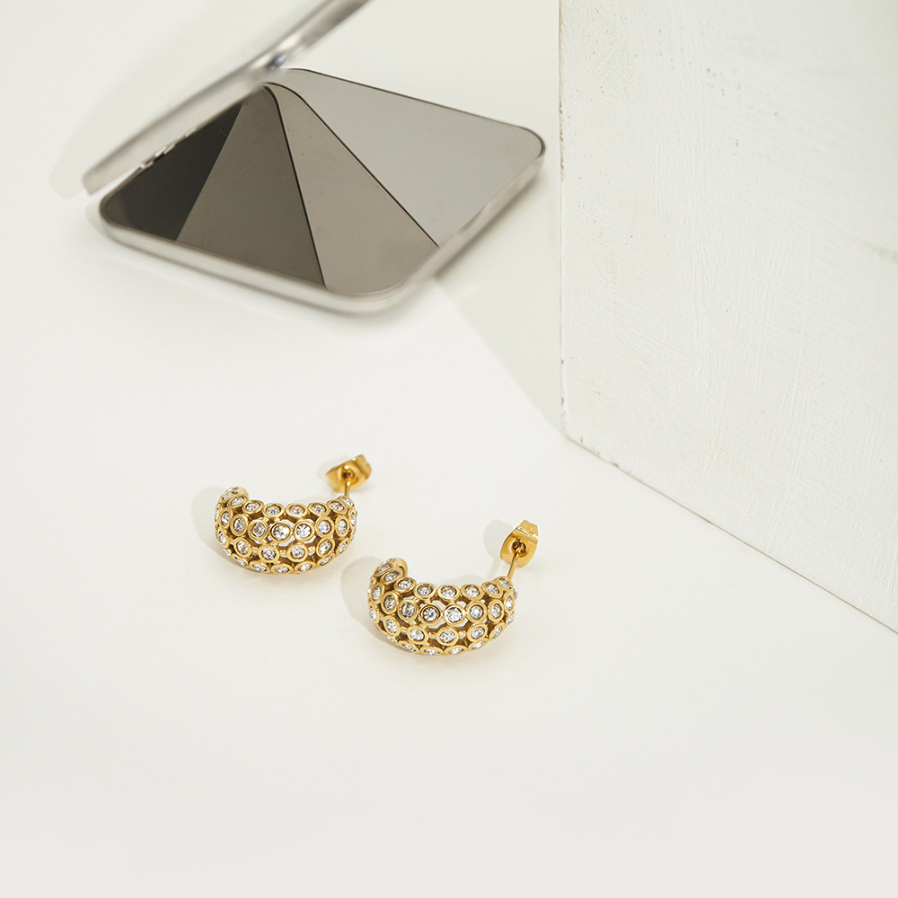 18K Gold Titanium Steel Unique Pavé Curved C-Shaped Earrings