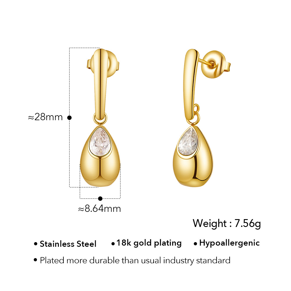 18K Gold Titanium Steel Luxury Vertical Bar Heart Drop White Diamond Earrings