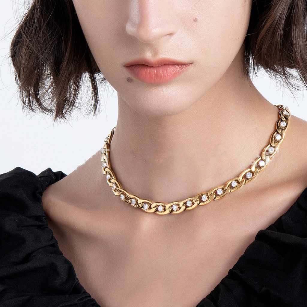 18K Gold Plated Stainless Steel Necklace with Chain Design and Prong Set Zircon
