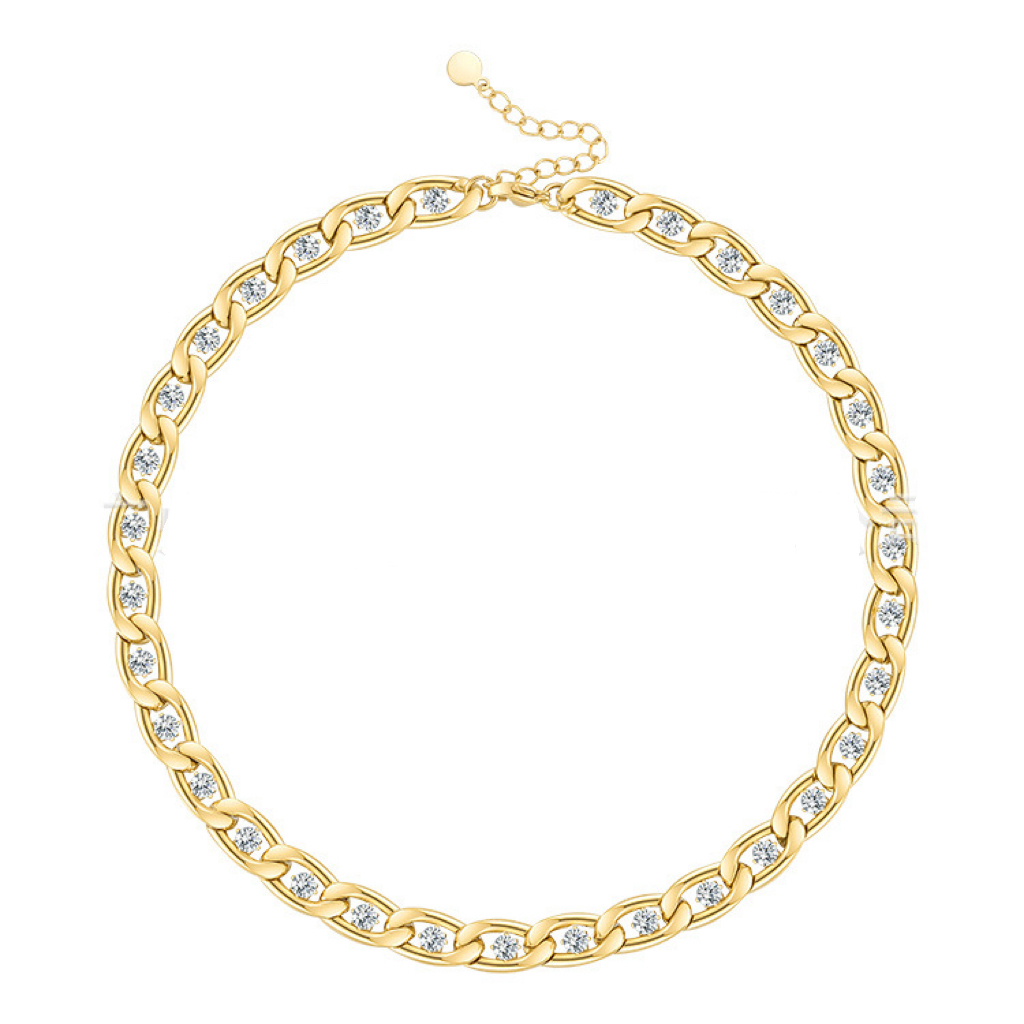 18K Gold Plated Stainless Steel Necklace with Chain Design and Prong Set Zircon