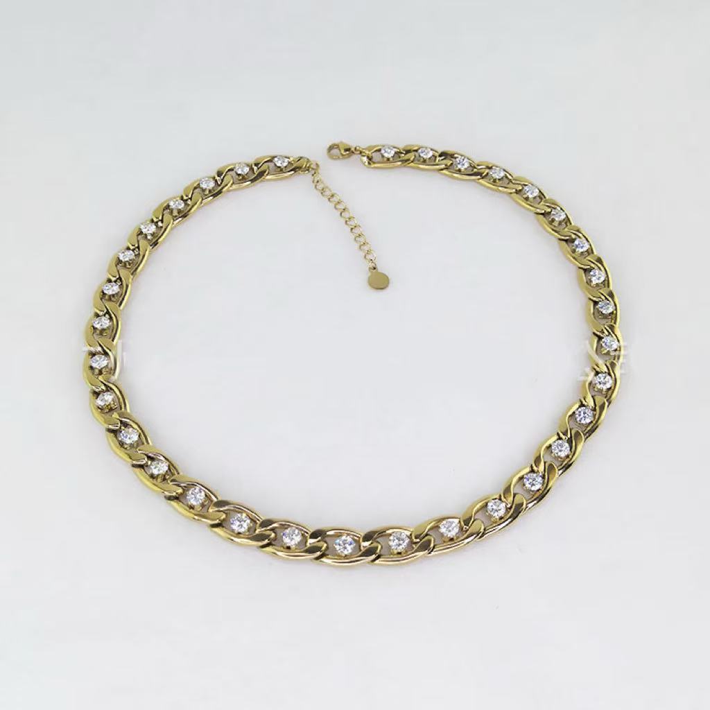 18K Gold Plated Stainless Steel Necklace with Chain Design and Prong Set Zircon