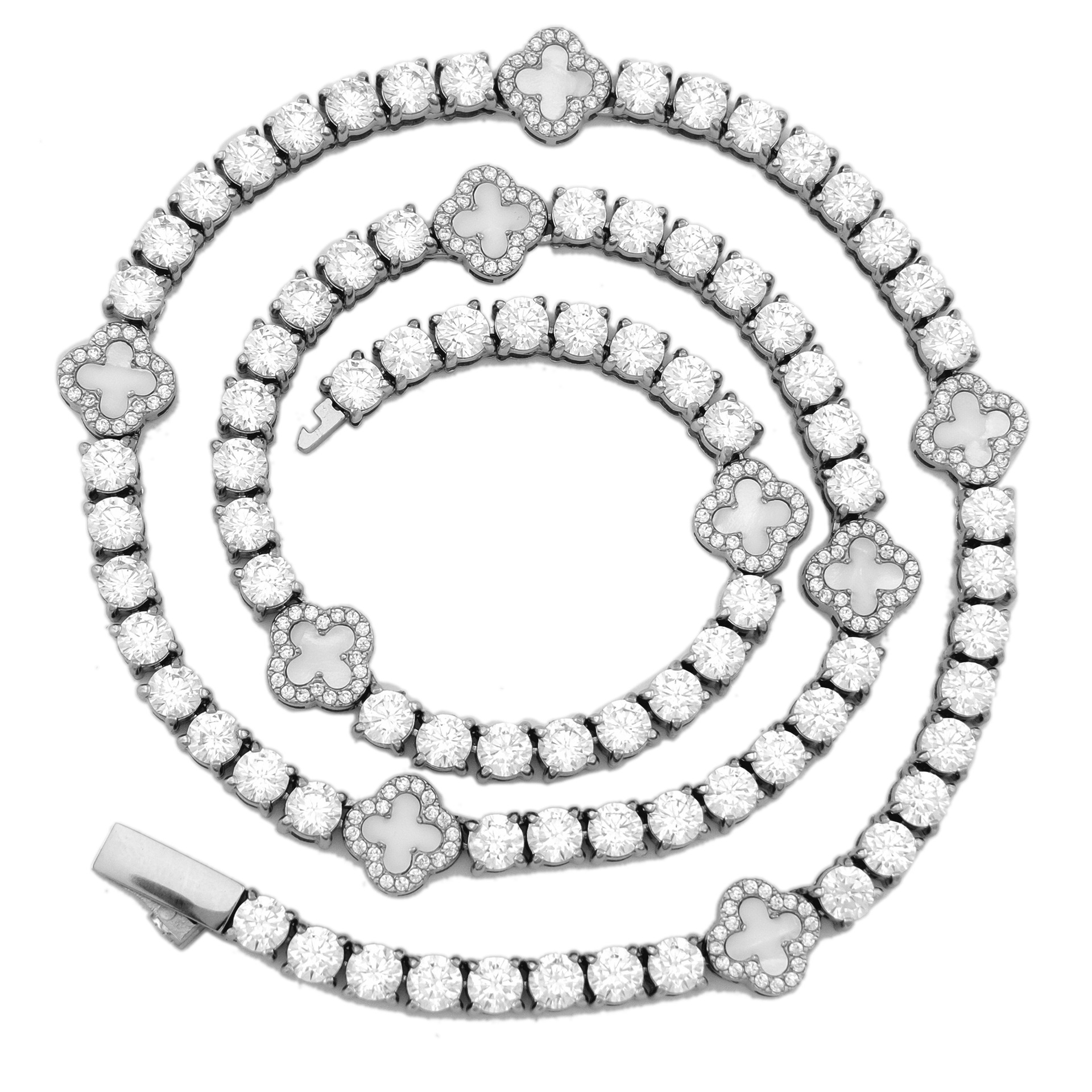 Luxury Stainless Steel Four Leaf Clover Zirconia Tennis Chain Bracelet and Necklace