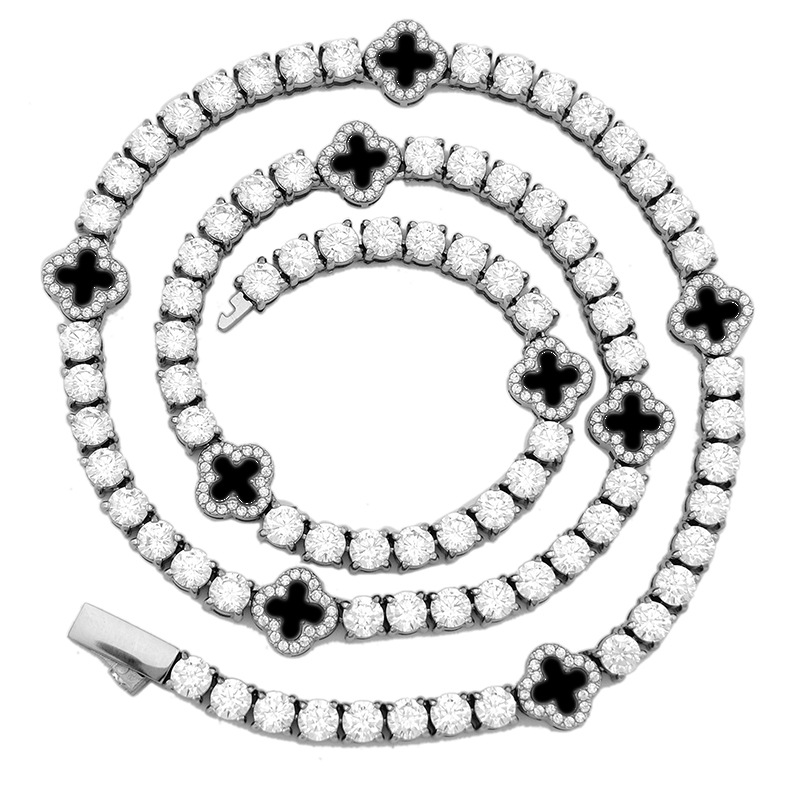 Luxury Stainless Steel Four Leaf Clover Zirconia Tennis Chain Bracelet and Necklace